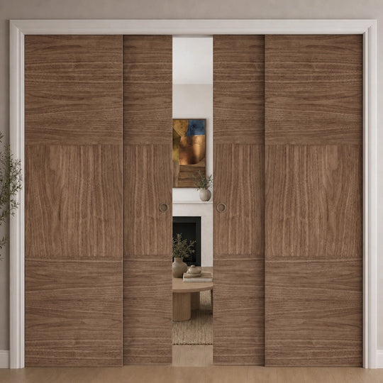 Tres Walnut Fully Finished 4 Door Telescopic Pocket Door System