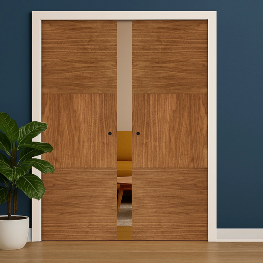Walnut Tres Double Pocket Door Set
