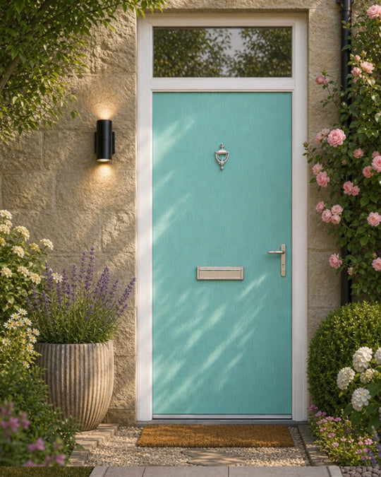 Turquoise Modern Flush External Fire Door Set with Fanlight