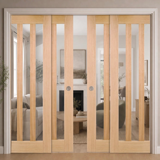 Utah Oak 3L Clear Glazed Fully Finished 4 Door Telescopic Pocket Door System