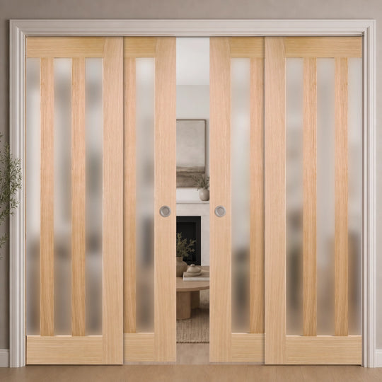 Utah Oak 3L Obscure Glazed 4 Door Telescopic Pocket Door System
