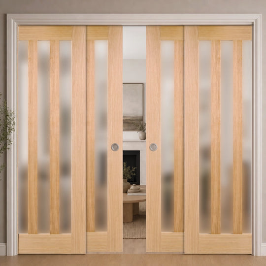 Utah Oak 3L Obscure Glazed Fully Finished 4 Door Telescopic Pocket Door System
