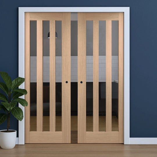 Idaho Utah Oak Clear Glazed Double Pocket Door Set