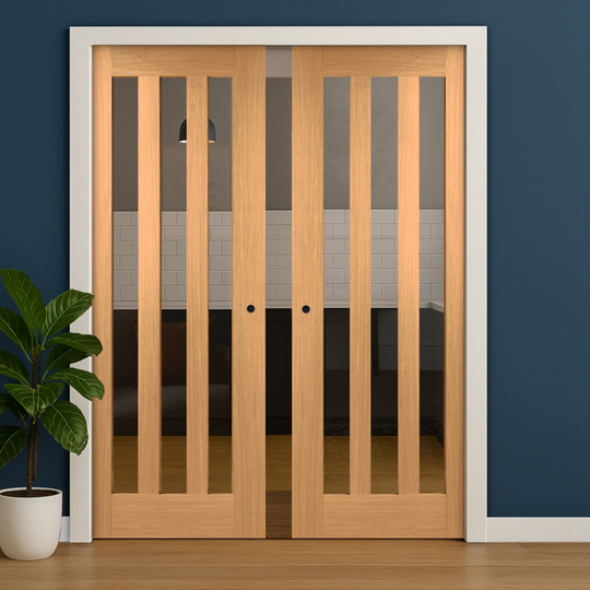 Idaho Utah Oak Clear Glazed Double Pocket Door Set
