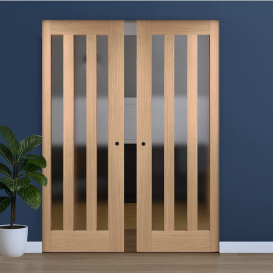 Idaho Utah Oak Obscure Glazed Double Flush Pocket Door Set