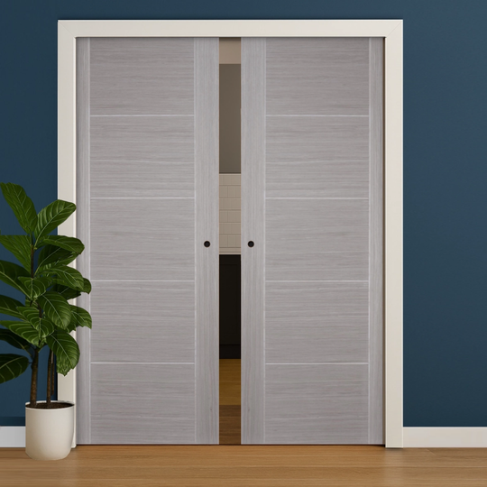 Contemporary 6006 Light Grey Double Pocket Door Set