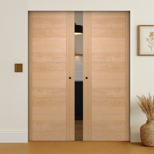 Contemporary Oak 6006 Double Flush Pocket Door Set