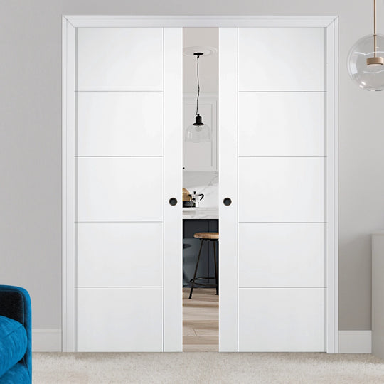 White Vancouver 5 Panel Double Pocket Door Set