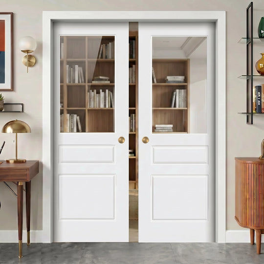 White Laminate 2 Panel 1 Light Clear Glazed Double Pocket Door Set