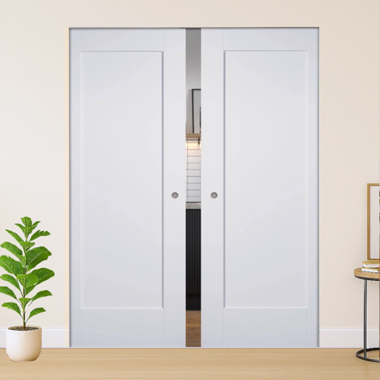 Pattern 10 White 1 Panel Flush Double Pocket Door Set
