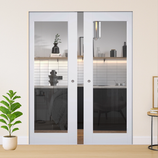 White Pattern 10 Clear Glazed Flush Double Pocket Door Set