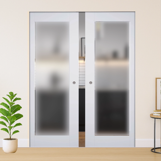 White Pattern 10 Obscure Glazed Flush Double Pocket Door Set
