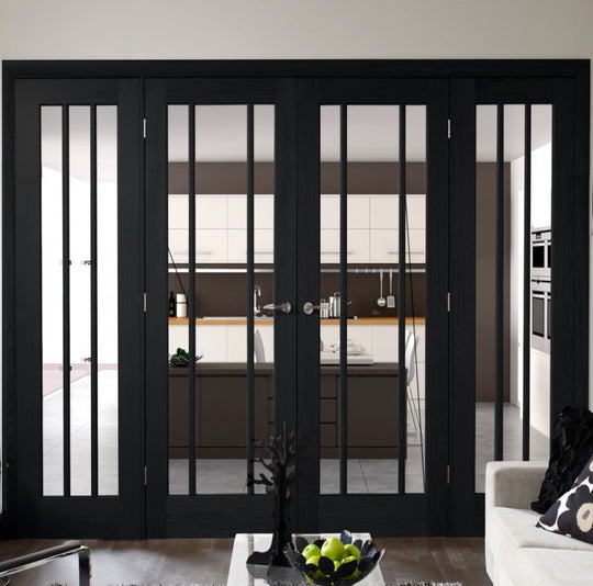 Worcester Clear Glazed Brushed Black Oak French Doors with Side Panels