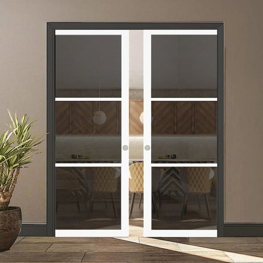 White 3L Tinted Glazed Double Pocket Door Set