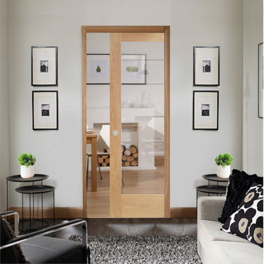 Pattern 10 Oak Clear Glazed Pocket Door Set