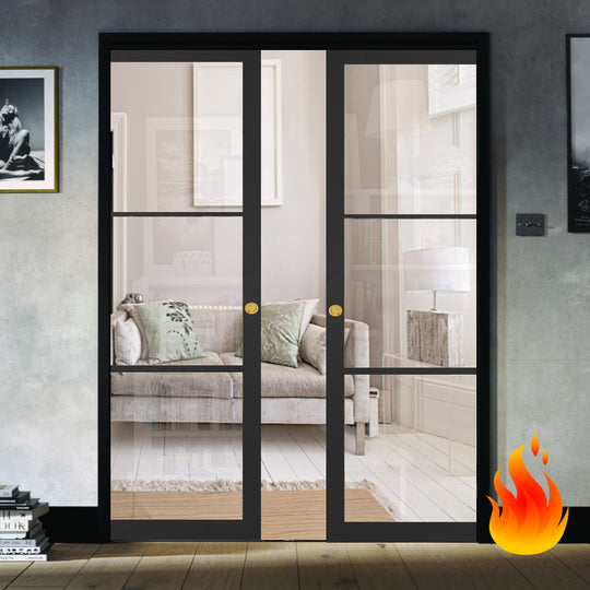 Industrial Style Extra Slim 3L Fire Rated Double Pocket Door System