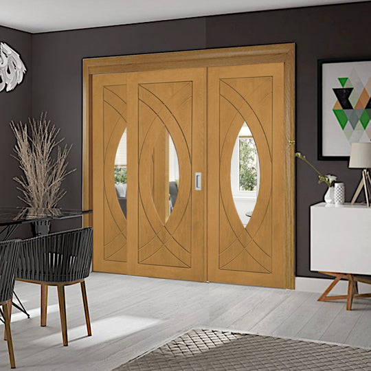 Oak Treviso Sliding Door with Two Fixed Side Panels
