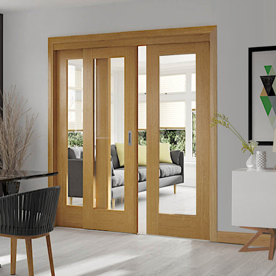 Oak Pattern 10 Sliding Door System with Fixed Panels (clear glass)