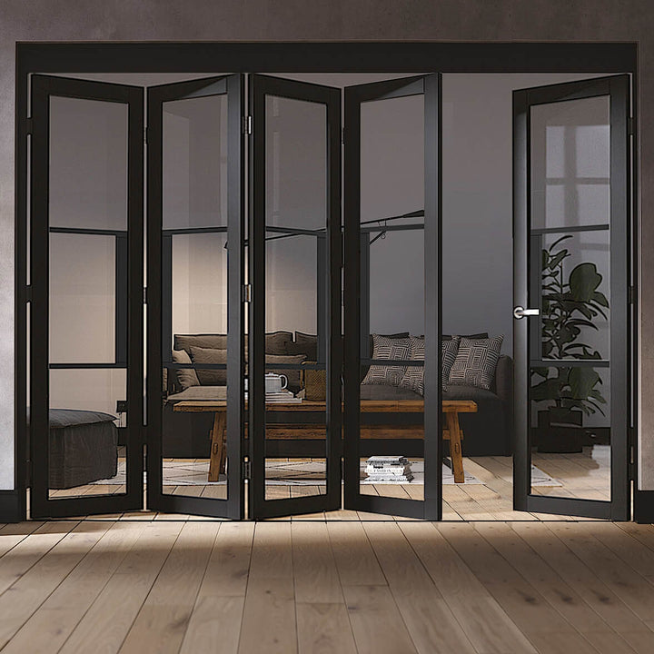 Black Tribeca 5 Door Industrial Style Folding Doors Clear Glazed