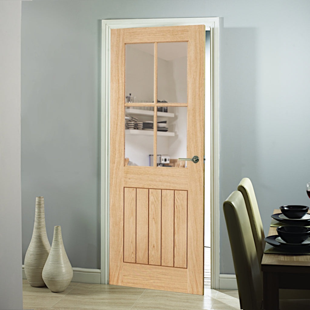 Belize Oak 4L Clear Glazed Internal Door -  this door design has four panes of glass on the top section with cottage style vertical panel on the lower section. The door frame is in white with light blue walls and stone effect floor