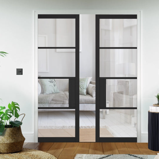 Black Chelsea 4L Clear Glazed Double Pocket Door System