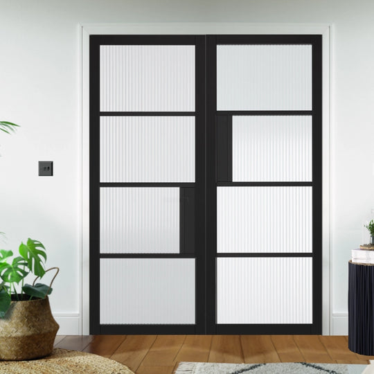 Black Chelsea 4L Internal Door Pair with Reeded Glass