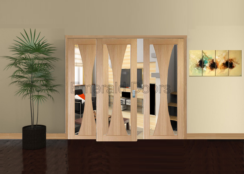 Oak Verona Sliding Door System with 2 Fixed Verona Panels 