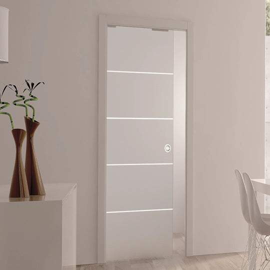 Single Striped Satin Glass Pocket Door System
