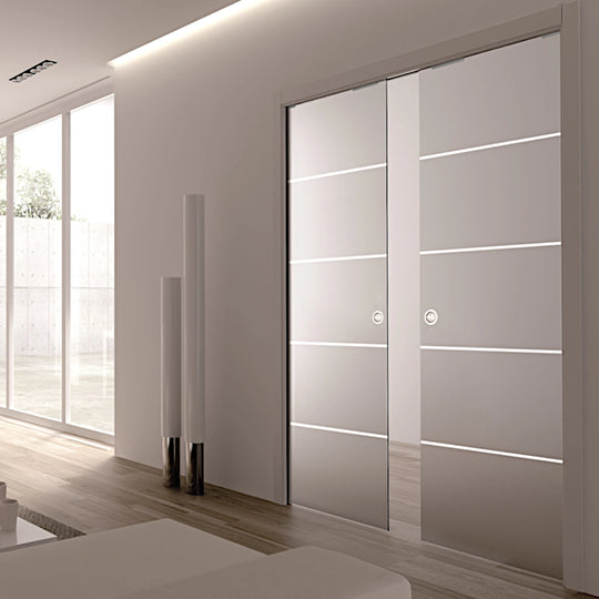 Double Satin Striped Glass Pocket Door System