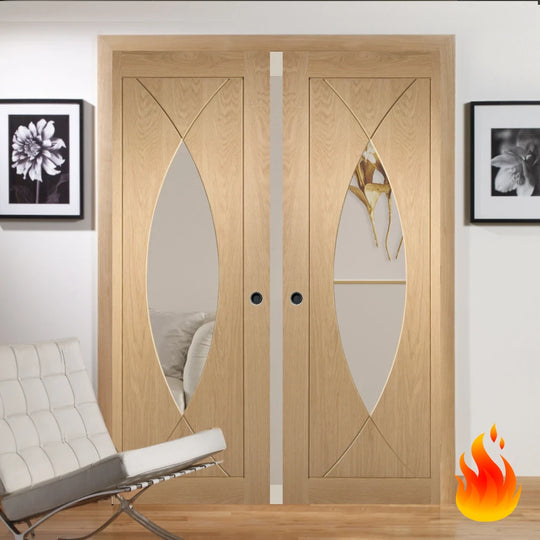 Oak Pesaro Clear Glazed Double Fire Rated Pocket Door Set