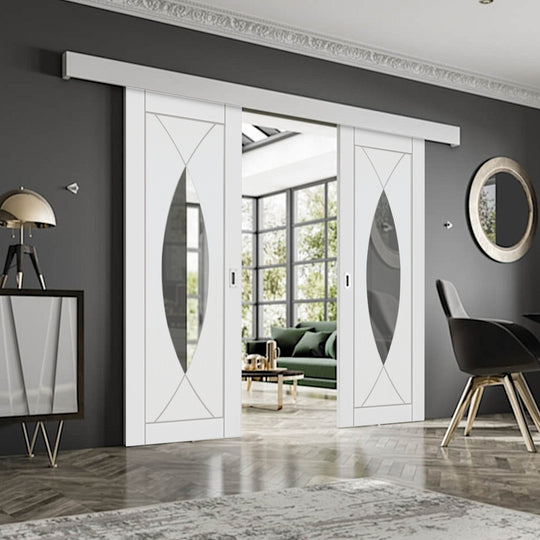 White Pesaro Double Sliding Door System Clear Glazed