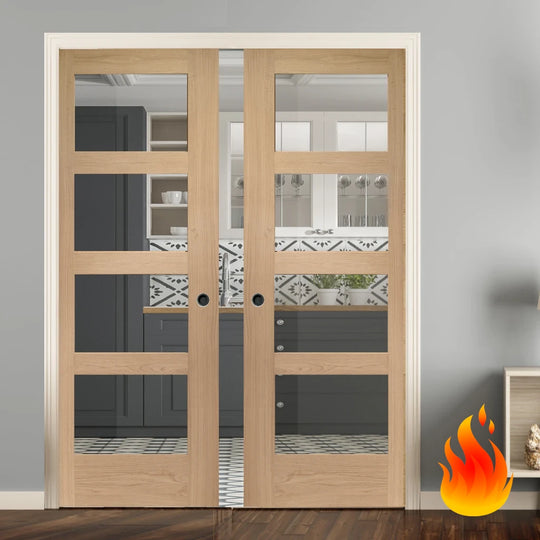 Oak Shaker 4L Clear Glazed Double Fire Rated Pocket Door Set