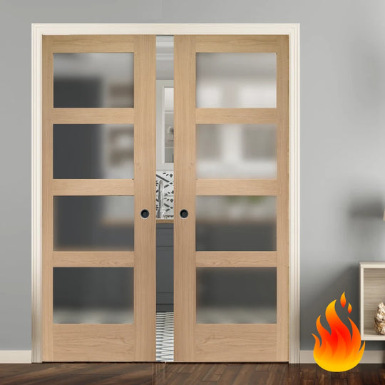 Oak Shaker 4L Obscure Glazed Double Fire Rated Pocket Door Set