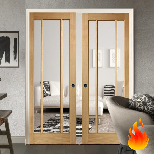 Oak Worcester Clear Glazed Double Fire Rated Pocket Door Set