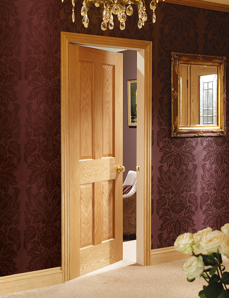 Victorian 4 Panel Internal Oak Fire Door with non Raised Mouldings In Situ Image
