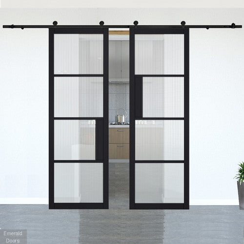 Chelsea Black Reeded Glazed Double Doors with Double Sliding Track