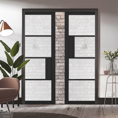 Black Chelsea 4L Reeded Glazed Double Pocket Door System