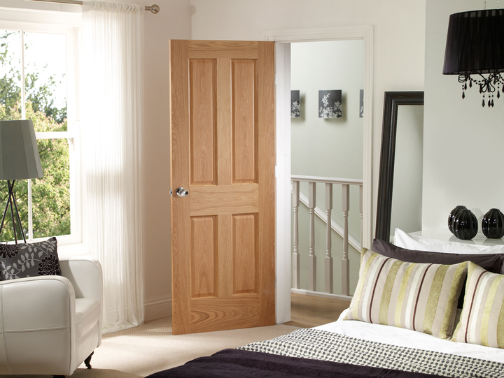 Victorian 4 Panel Internal Oak Fire Door with non Raised Mouldings in Situ 