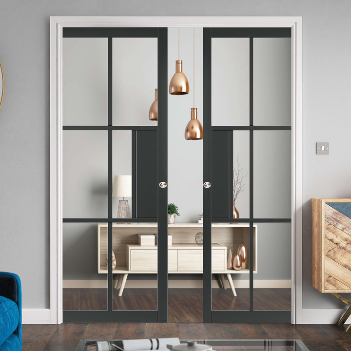 Civic Black Glazed Double Industrial Style Pocket Door Set