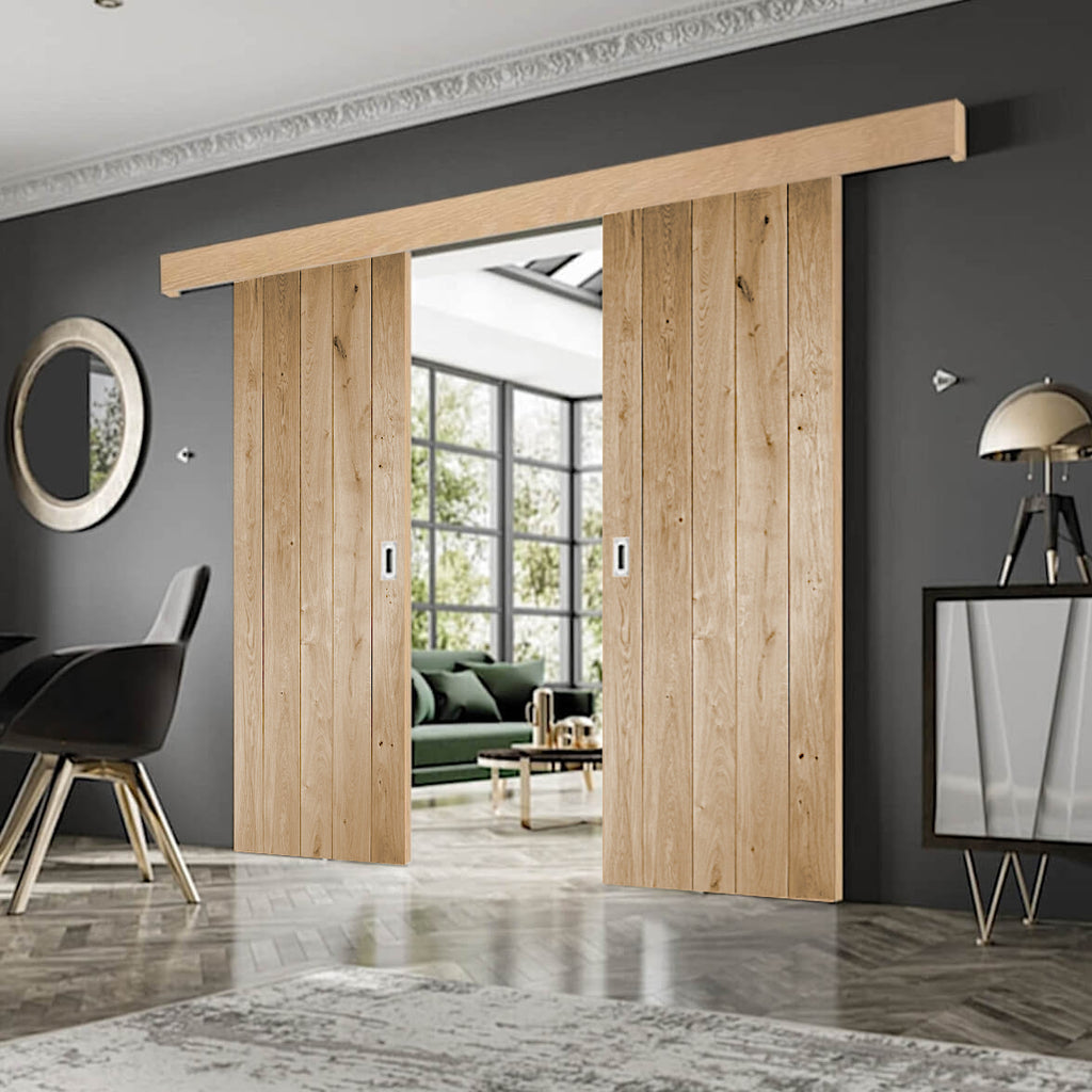 Rustic Oak Ledged Double Sliding Door System