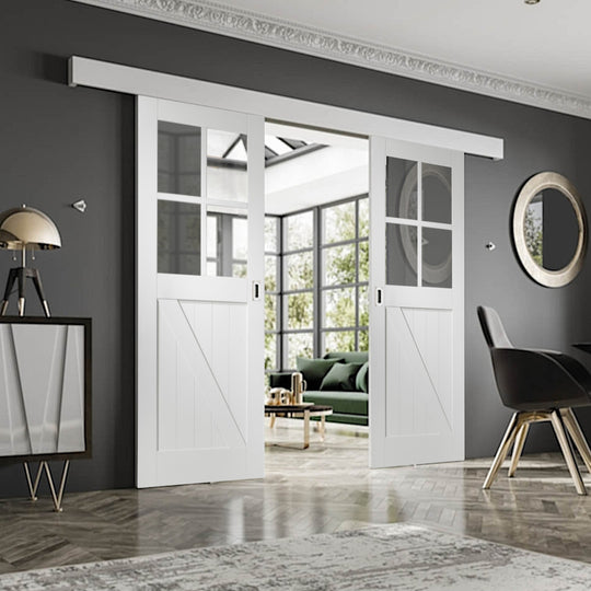 White Cottage Double Sliding Door System Clear Glazed