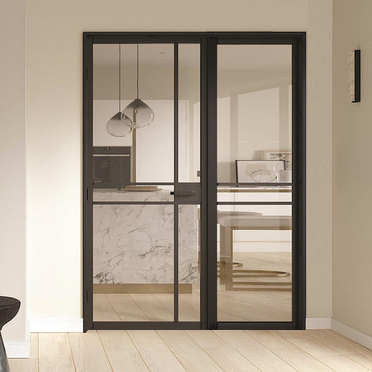 Black Greenwich Industrial Style Offset French Doors with Side Panel