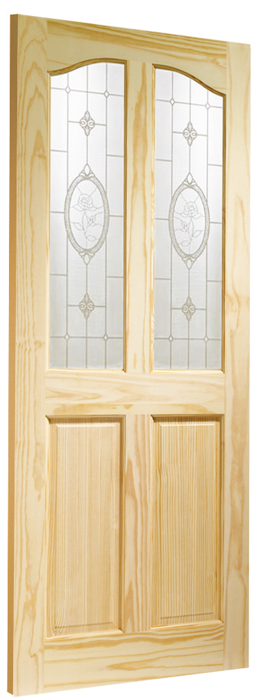 Rio Internal Clear Pine Door with Crystal Rose Glass Skewed Image