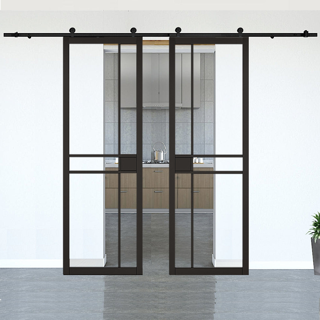 Greenwich Black Clear Glazed Double Doors with Double Sliding Track