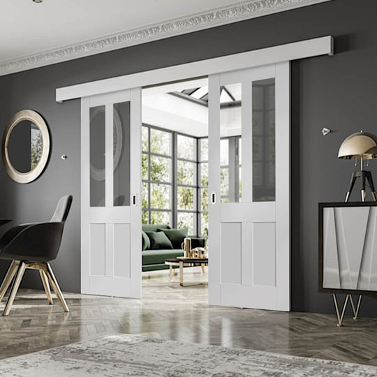 White Malton Shaker Double Sliding Door System Clear Glazed