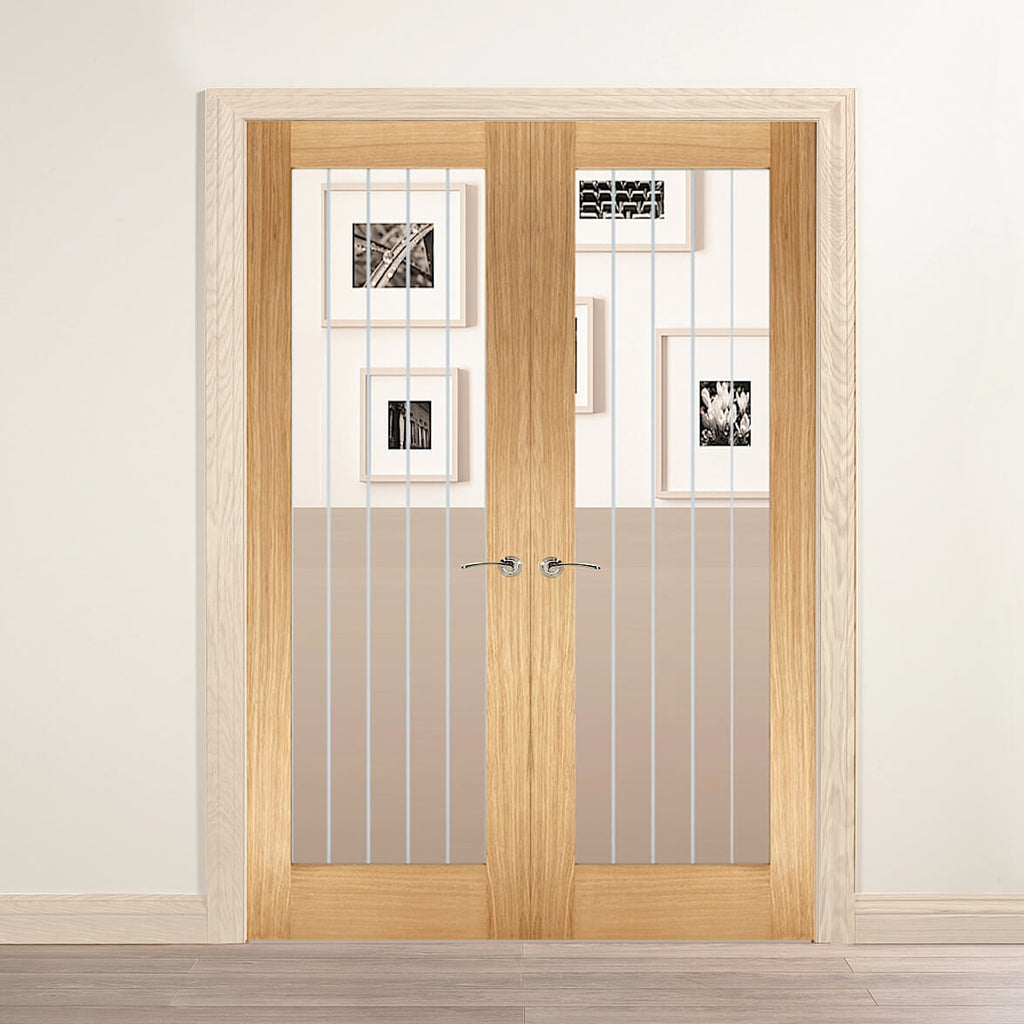 Mexicano Oak French Doors With Frosted Lines