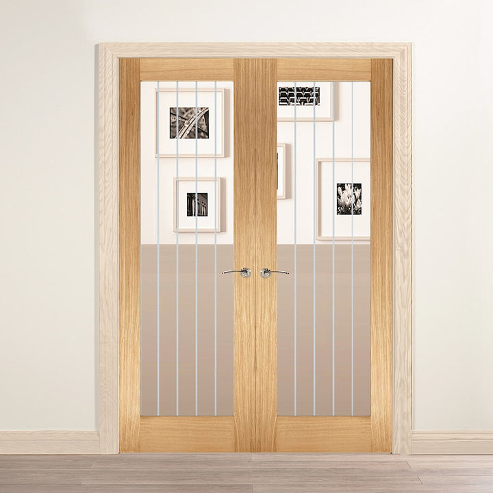 Mexicano Oak French Doors With Frosted Lines