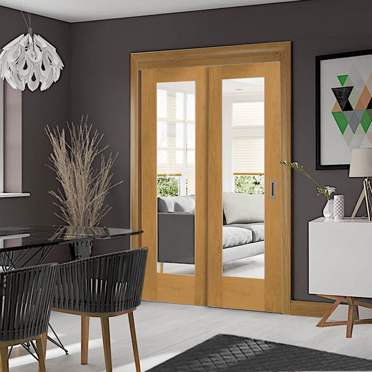 Oak Pattern 10 Sliding Door System with Fixed Panel (clear glass)