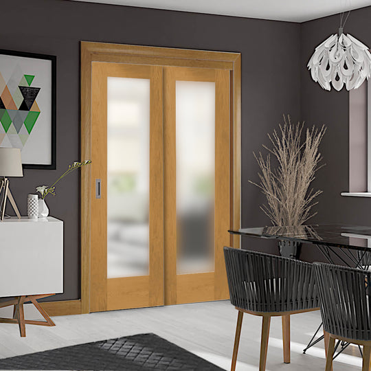 Oak Pattern 10 Sliding Door System with Fixed Panel (obscure glass)