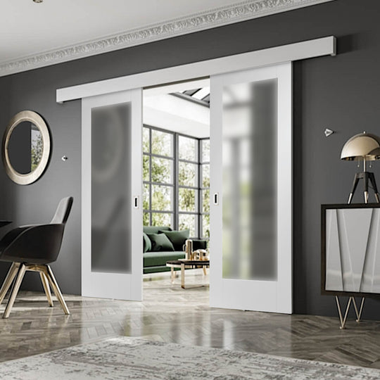 White Pattern 10 Double Sliding Door System Obscure Glazed